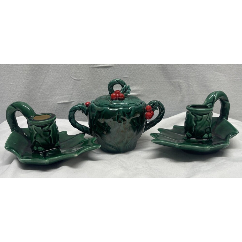 Vintage Lefton 3pc Set Holly Berries Candle Holders Sugar Bowl Christmas Holiday